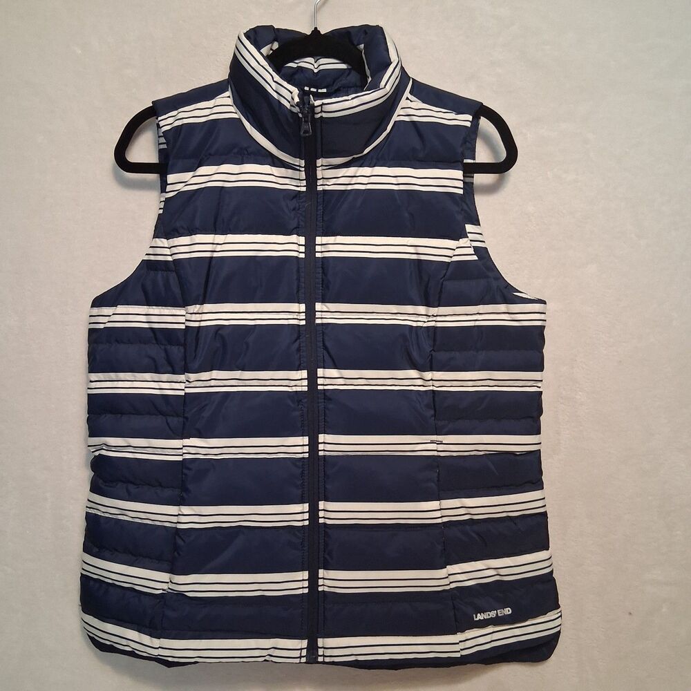 Lands’ End M Puffer Vest Down 600 Fill Navy Striped Nautical Coastal Fisherman